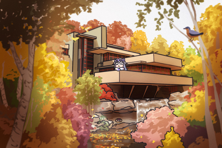 1girl, 1other, autumn, bing_huyue, birch_tree, chibi, closed_eyes, commentary, english_commentary, fallingwater, gem, gem_hair_ornament, hair_flaps, hand_jewel, highres, hololive, hololive_english, house, koseki_bijou, long_hair, pebble_(koseki_bijou), pennsylvania, purple_gem, purple_hair, real_world_location, robin_(bird), tiara, tree, united_states, very_long_hair, virtual_youtuber, water, waterfall