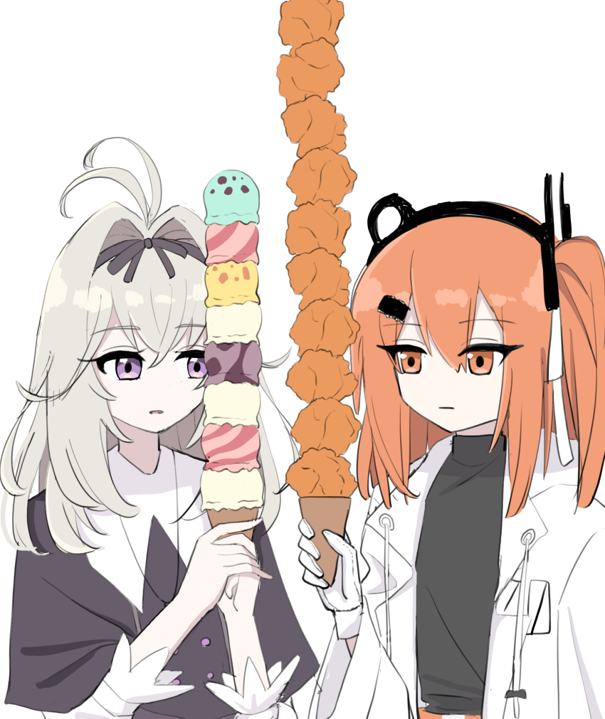2girls, a.i._voice, adachi_rei, antenna_hair, black_dress, black_shirt, chicken_(food), coat