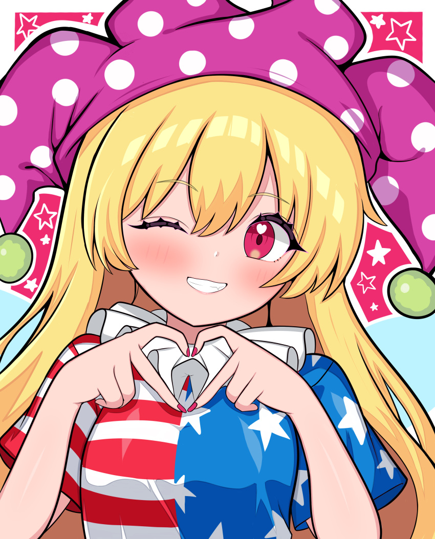 1girl, absurdres, american_flag, american_flag_dress, american_flag_print, blonde_hair, blush, breasts