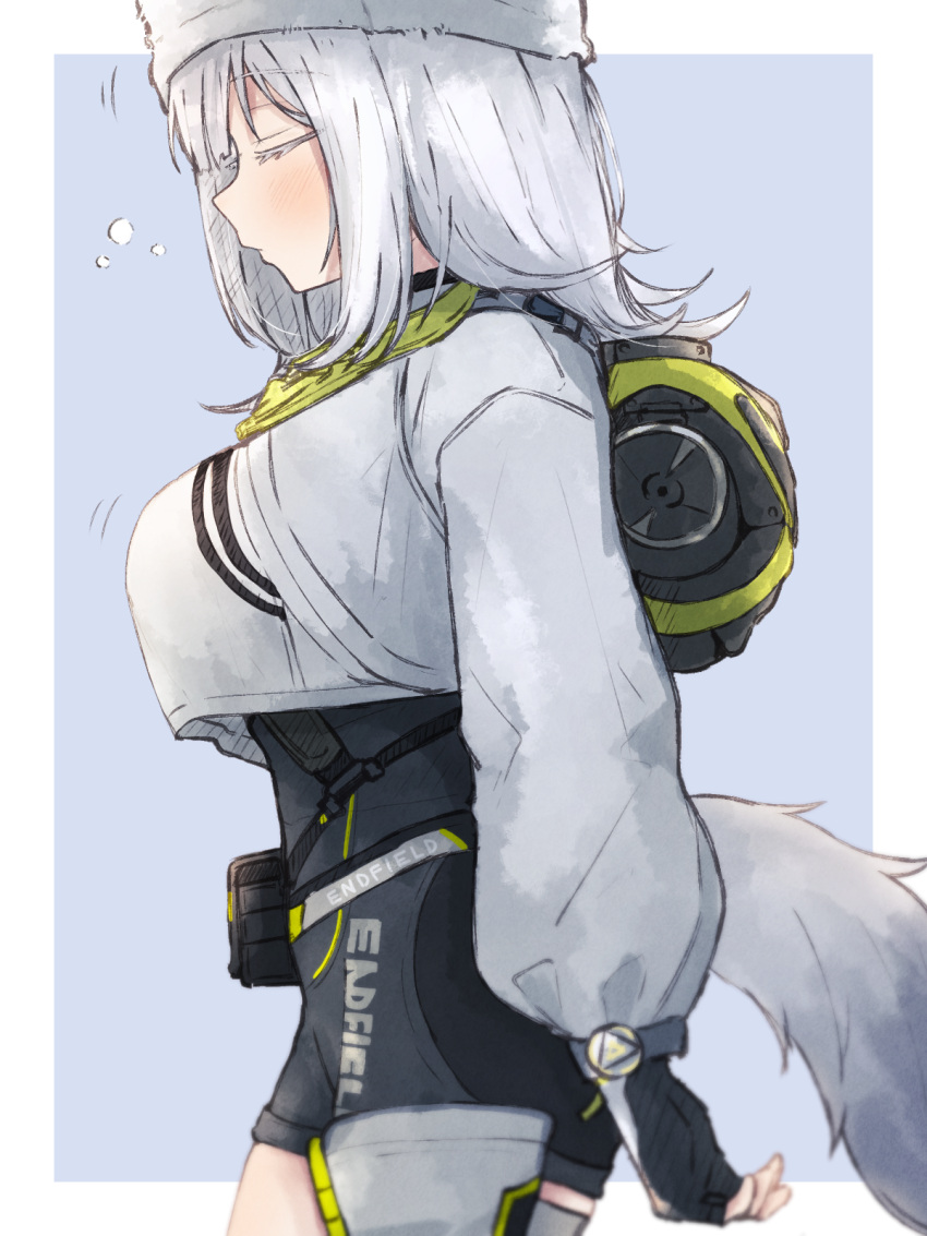 1girl, arknights, arknights:_endfield, black_gloves, blush, border, closed_eyes, closed_mouth