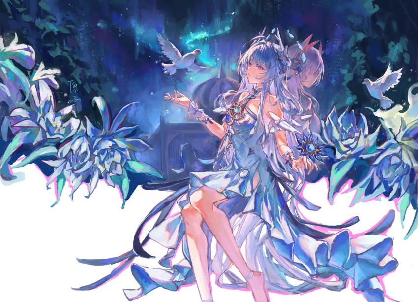 2girls, anklet, armpit_crease, back-to-back, bare_shoulders, barefoot, bird, blue_background