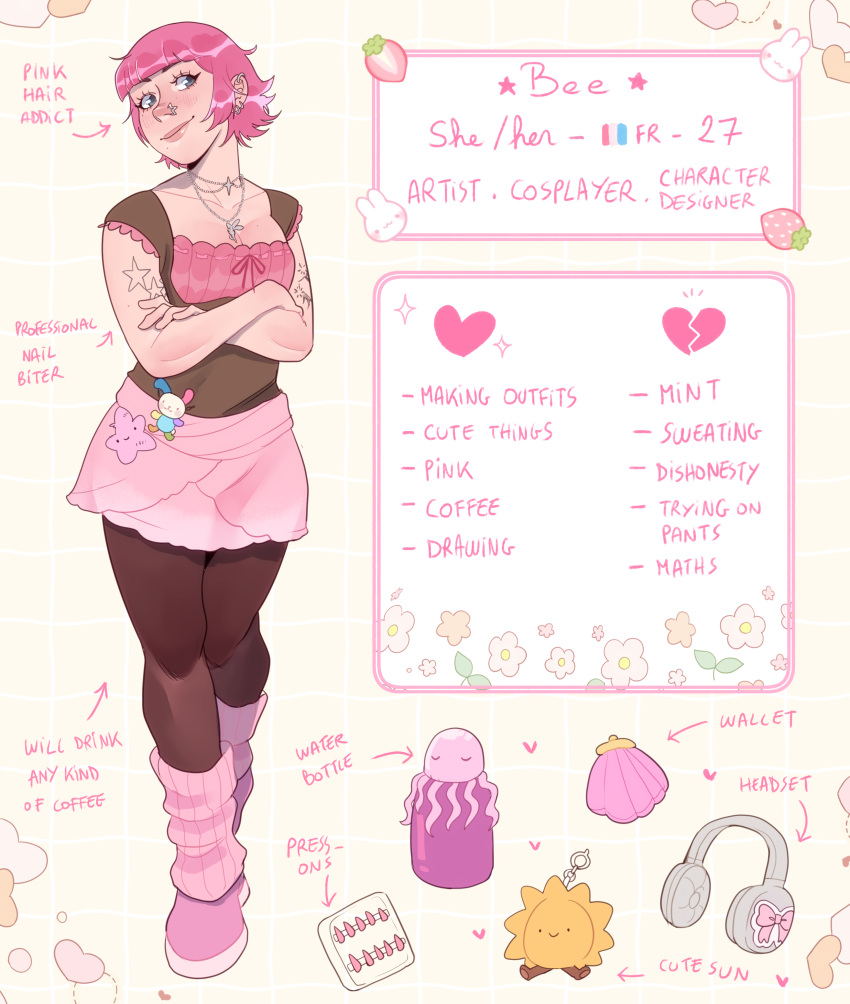 1girl, absurdres, beebeedibapbeediboop, bottle, broken_heart, character_doll, crossed_arms, doll