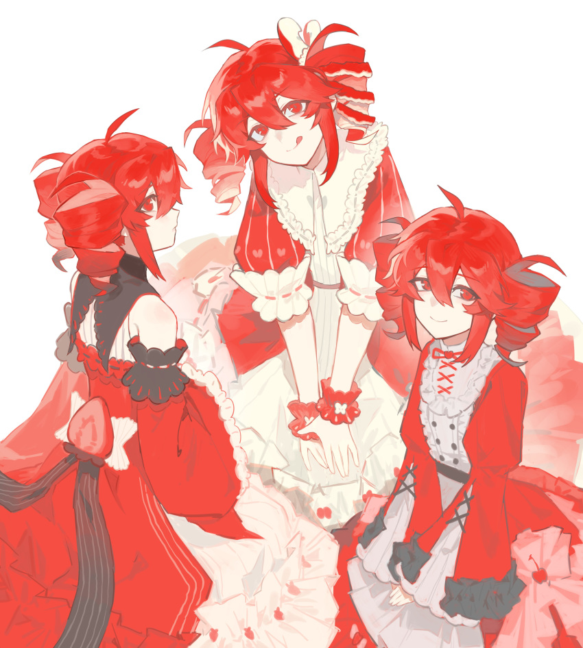 3girls, :p, absurdres, apple, cherry, commentary, dress, drill_hair