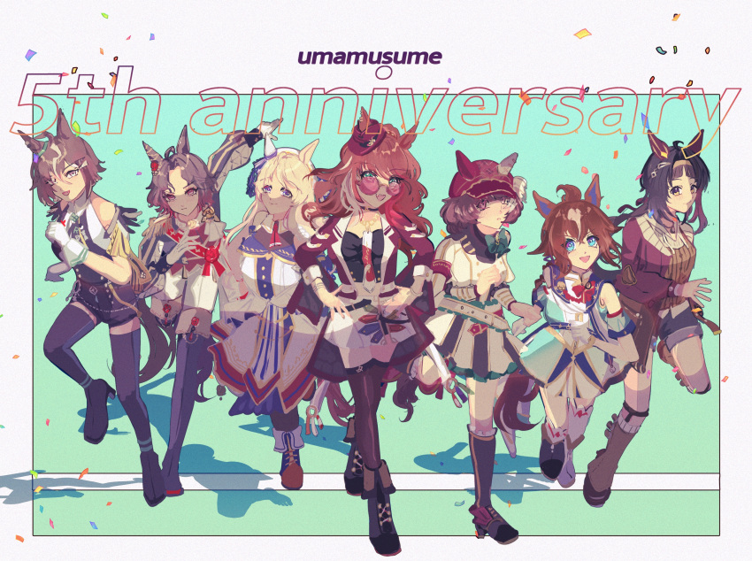 6+girls, ahoge, animal_ears, belt, black_boots, black_hair, black_shirt, black_shorts