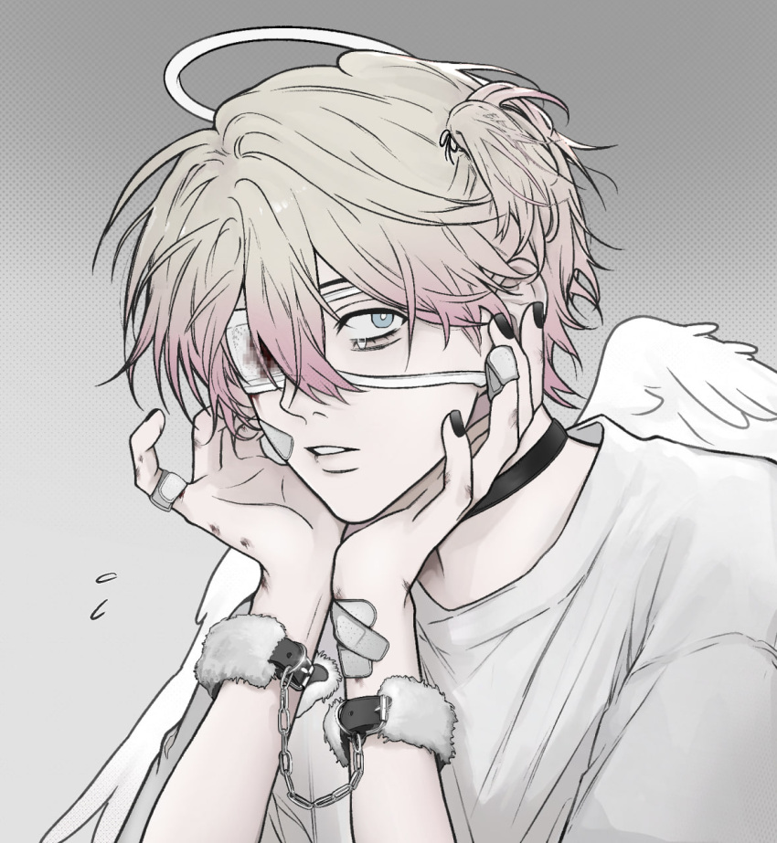 1boy, aegyo_sal, angel, angel_(killer_chat), bandaged_arm, bandages, black_nails, blonde_hair