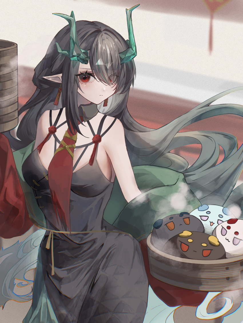 1girl, alternate_costume, arknights, black_hair, commentary_request, dragon_girl, dragon_horns, dusk_(arknights)