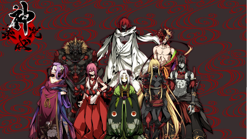 blonde_hair, highres, japanese_clothes, kajiri_kamui_kagura, kimono, light, long_hair, mask, monster, pink_hair, purple_hair, red_eyes, tenma_akuro, tenma_momiji, tenma_morei, tenma_numahime, tenma_ootake, tenma_sukuna, tenma_tokoyo, tenma_yato, very_long_hair, white_hair