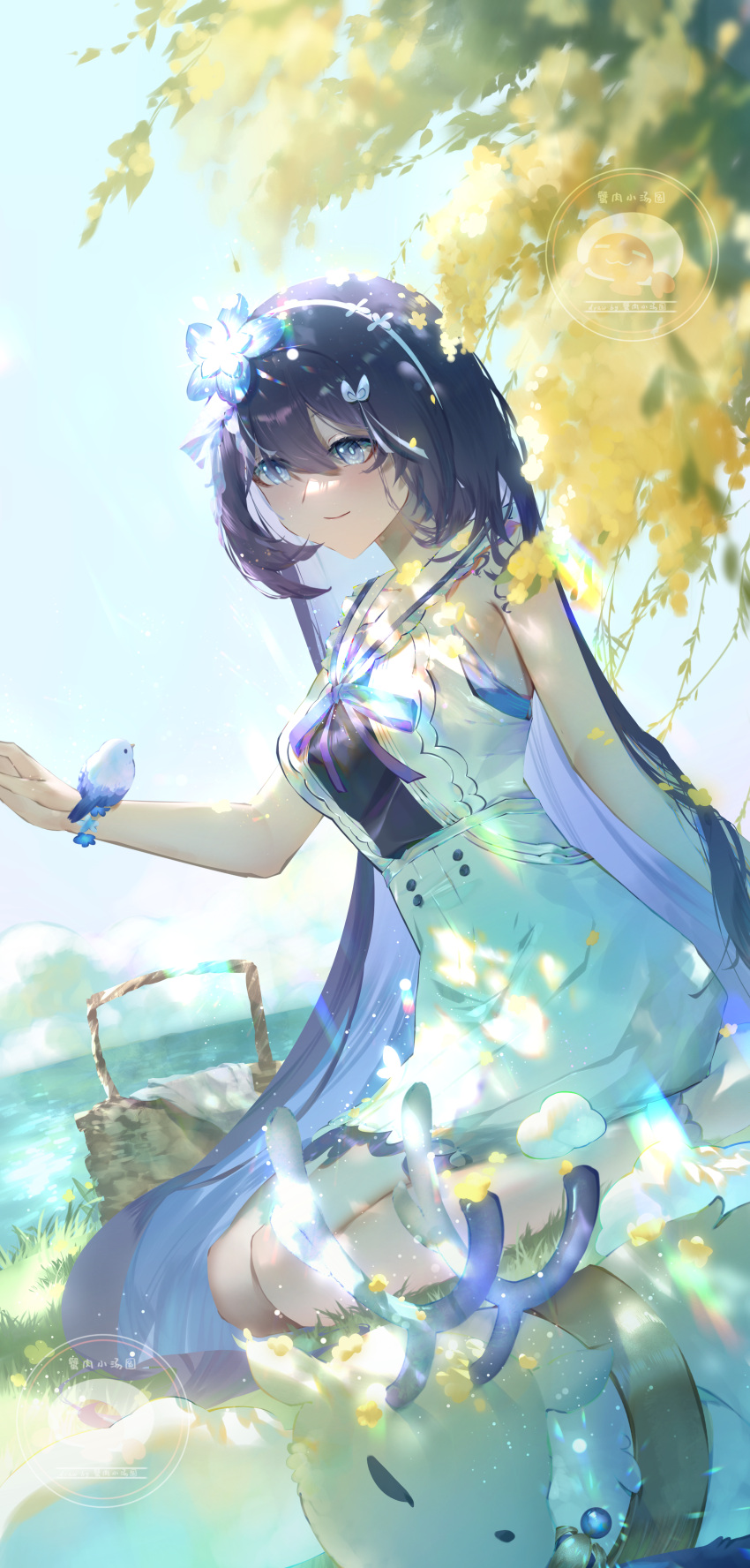 1girl, absurdres, alternate_costume, animal_on_arm, bird, bird_on_arm, blue_eyes, blue_hair