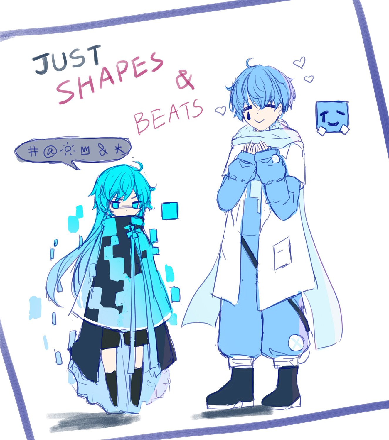 1boy, 1girl, ahoge, angry, black_jacket, black_shoes, black_shorts, blue_cape, blue_eyes, blue_hair, blue_pants, blue_sweater, cape, capelet, censored, censored_text, closed_eyes, cyan_square_(just_shapes_&amp;_beats), highres, jacket, just_shapes_&amp;_beats, long_hair, pants, personification, ribbon, scarf, shoes, short_hair, short_sleeves, shorts, simple_background, sweater, the_big_cube_(just_shapes_&amp;_beats), white_jacket, white_scarf, yasato
