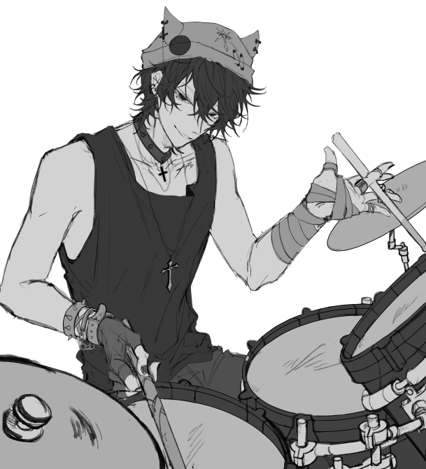 1boy, animal_ear_headwear, aweseir, bandaged_arm, bandages, beanie, choker, cross_pendant