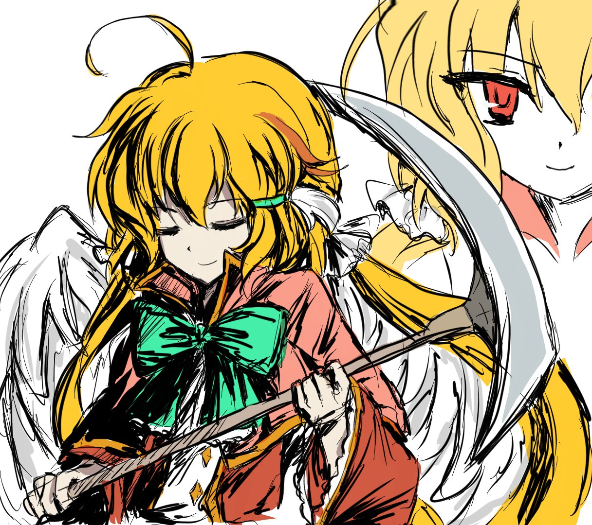1girl, ahoge, angel, angel_wings, aqua_bow, aqua_bowtie, blonde_hair, bow