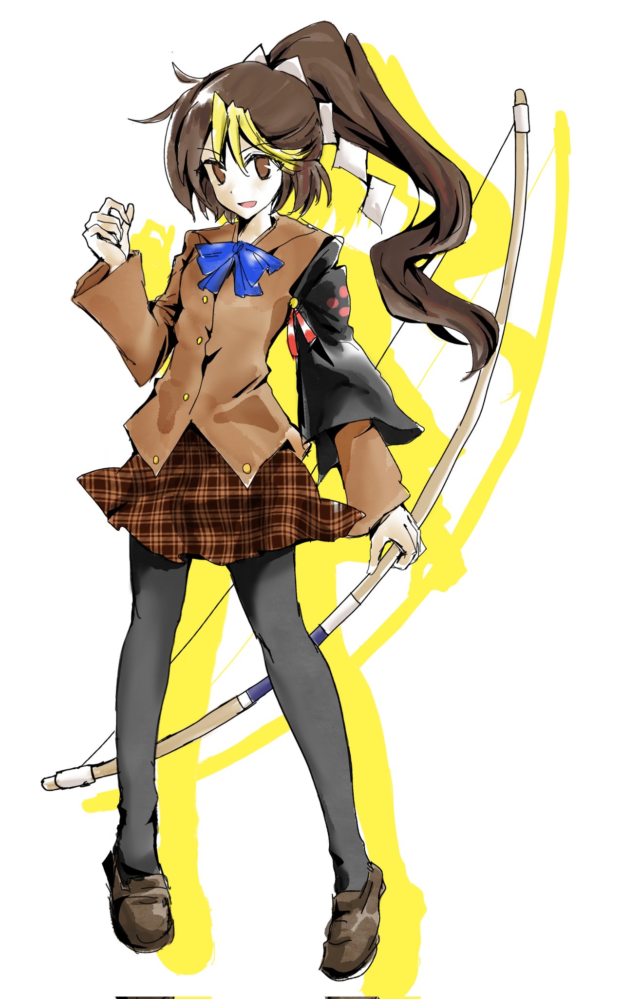 1girl, black_pantyhose, black_sleeves, blazer, blue_bow, blue_bowtie, bow, bow_(weapon)
