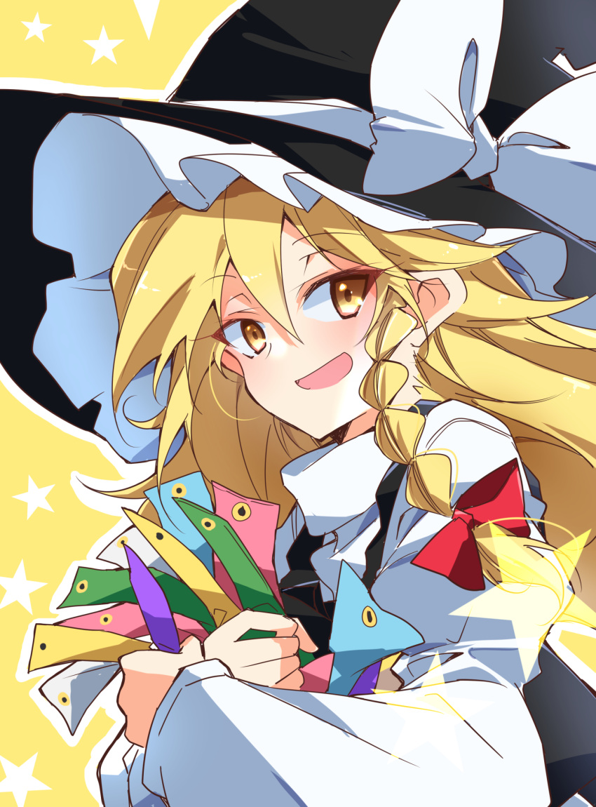 1girl, :d, black_hat, black_vest, blonde_hair, bow, braid, commentary_request