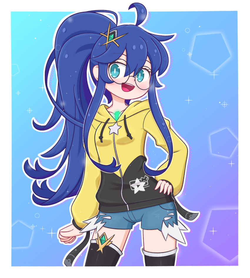 1girl, absurdres, ahoge, aqua_eyes, black_thighhighs, blue_hair, blue_shorts, border, bright_pupils, commission, cowboy_shot, denim, denim_shorts, eyelashes, glasses, hair_ornament, highres, jacket, long_hair, long_sleeves, ojazaki, open_mouth, original, outline, ponytail, round_eyewear, short_shorts, shorts, sidelocks, smile, solo, teeth, thigh-highs, upper_teeth_only, white_border, white_outline, white_pupils, yellow_jacket