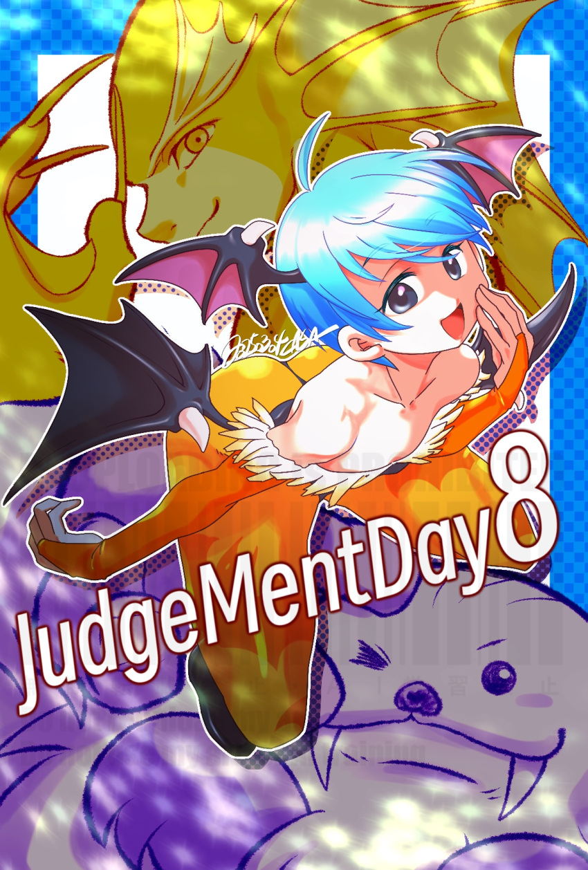 1girl, 2boys, :3, ahoge, alternate_color, animal_print, bat_print, blue_border