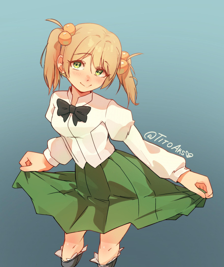 1girl, black_bow, black_bowtie, blonde_hair, blue_background, blush, bow, bowtie, closed_mouth, commentary, english_commentary, eyelashes, green_eyes, green_skirt, hair_bobbles, hair_ornament, heart, highres, ibarazaki_emi, katawa_shoujo, long_sleeves, medium_hair, school_uniform, shirt, skirt, skirt_hold, smile, solo, tito_aks, twintails, twitter_username, white_shirt, yamaku_high_school_uniform