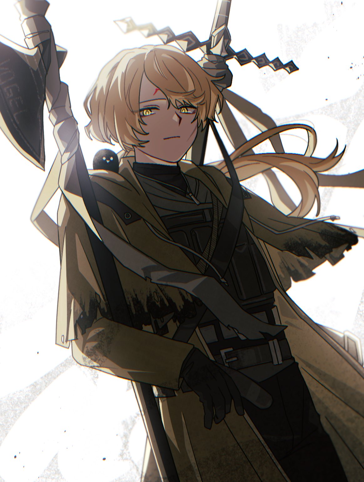 1boy, a_certain_sinclair_(project_moon), aged_up, arm_at_side, bandaged_weapon, belt, belt_buckle, black_gloves