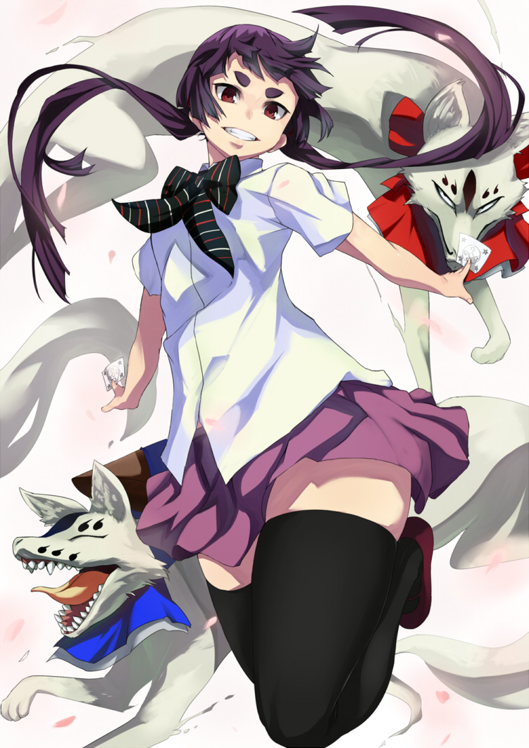 black_legwear, bow, byakko_(ao_no_exorcist), eyebrows, fangs, grin, kamiki_izumo, long_hair