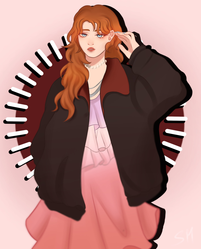 1girl, absurdres, adjusting_hair, aegyo_sal, black_jacket, blue_eyes, brown_hair, commentary