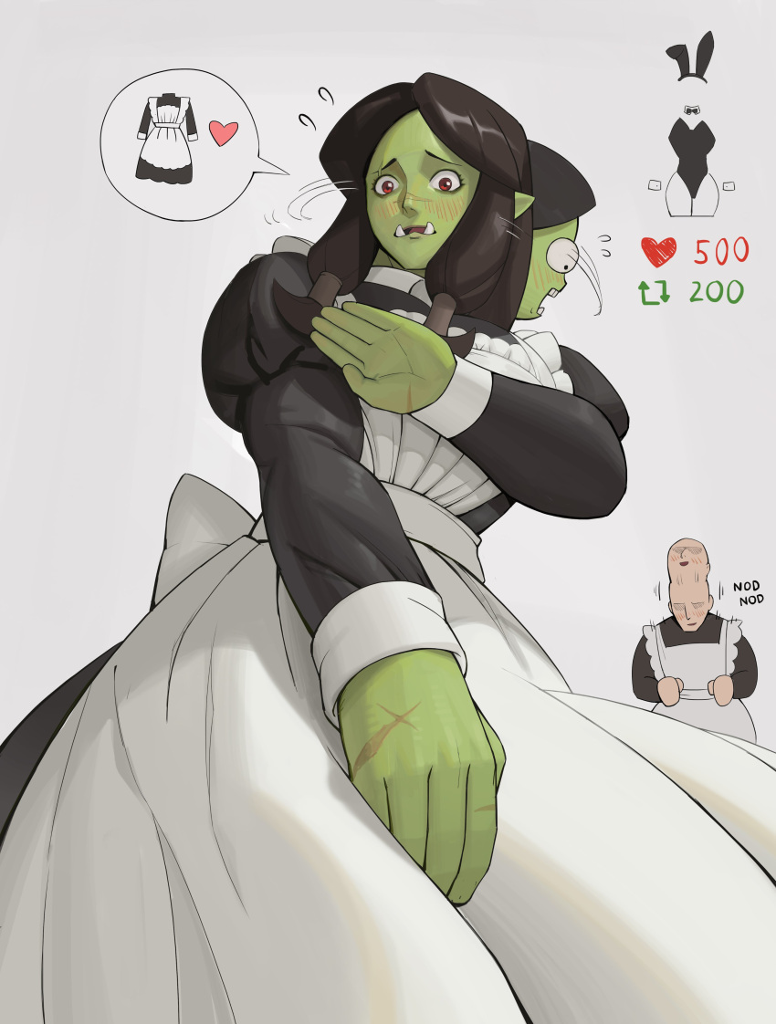 1boy, 1girl, absurdres, black_dress, blush, boonie_(bonnydada8), colored_skin, commentary, dress, english_commentary, fraeya_(m4rjinn), green_skin, highres, maid, muscular, muscular_female, original, pointy_ears, strong, tusks, white_apple