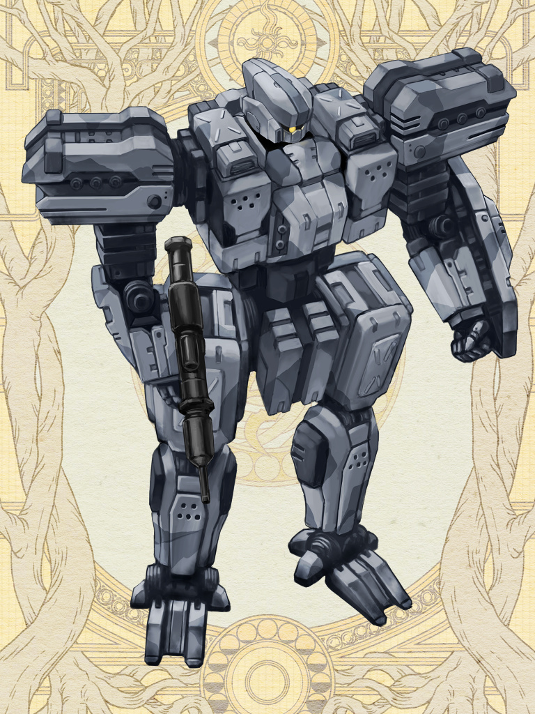clenched_hand, dairoku_ryouhei, full_body, gomi_(tw), gun, holding, holding_gun, holding_weapon, humanoid_robot, mecha, no_humans, robot, standing, weapon, yellow_background