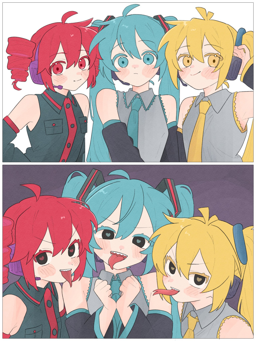 3girls, ahoge, akita_neru, aqua_eyes, aqua_hair, aqua_necktie, bare_shoulders, blonde_hair