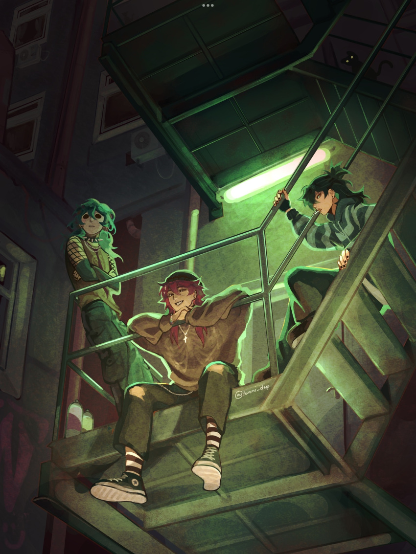 1girl, 2boys, beanie, black_gloves, black_sclera, blue_hair, ceiling_light, character_request
