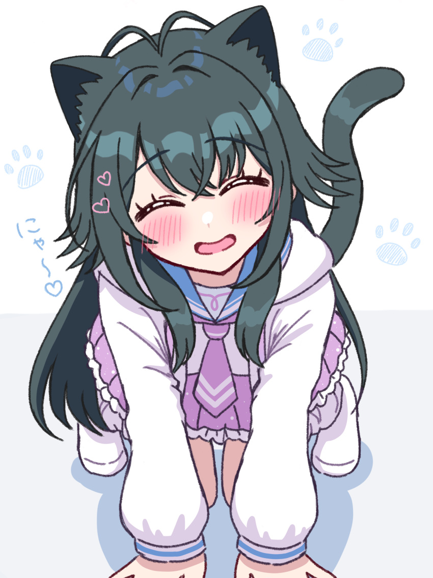 1girl, ^_^, absurdres, all_fours, animal_ears, antenna_hair, blush, cat_ears