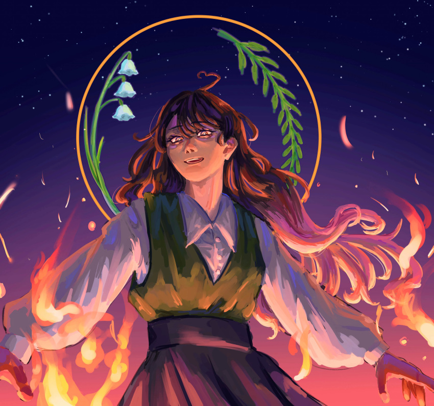 :d, absurdres, aegyo_sal, ahoge, black_skirt, blunt_bangs, brown_eyes, brown_hair, burning, collared_shirt, cowboy_shot, crazy_smile, embers, felicie_(killer_chat), fire, flower, green_vest, heart, heart_ahoge, highres, killer_chat!, kuni_kurage, lily_of_the_valley, multicolored_hair, night, outdoors, outstretched_arms, pink_hair, second-party_source, shirt, shirt_tucked_in, skirt, smile, two-tone_hair, underlighting, vest, wavy_hair, white_shirt