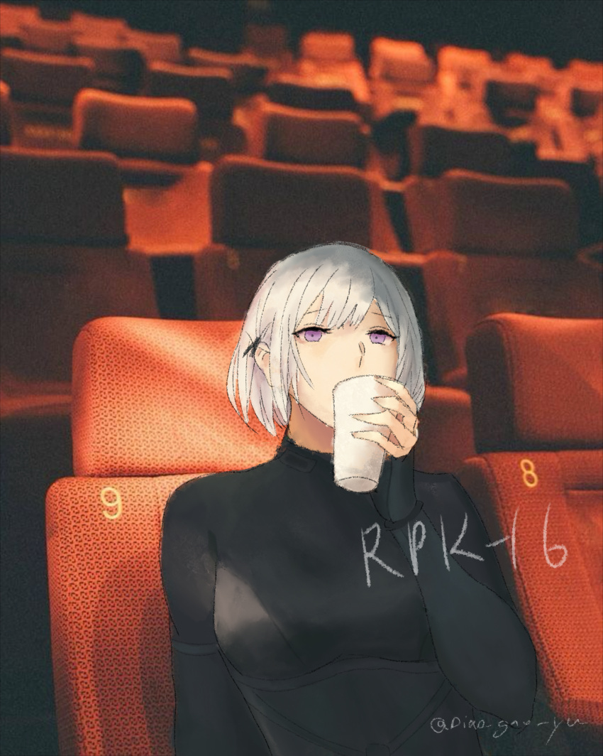absurdres, black_sweater, commentary, cup, diao_guo_yu, drinking, english_commentary, girls_frontline, highres, movie_theater, rpk-16_(girls'_frontline), short_hair, sweater, violet_eyes, white_hair