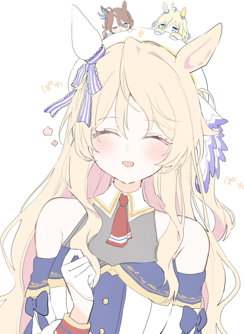 3girls, :d, ;d, ^_^, ahoge, animal_ears, bare_shoulders, blonde_hair