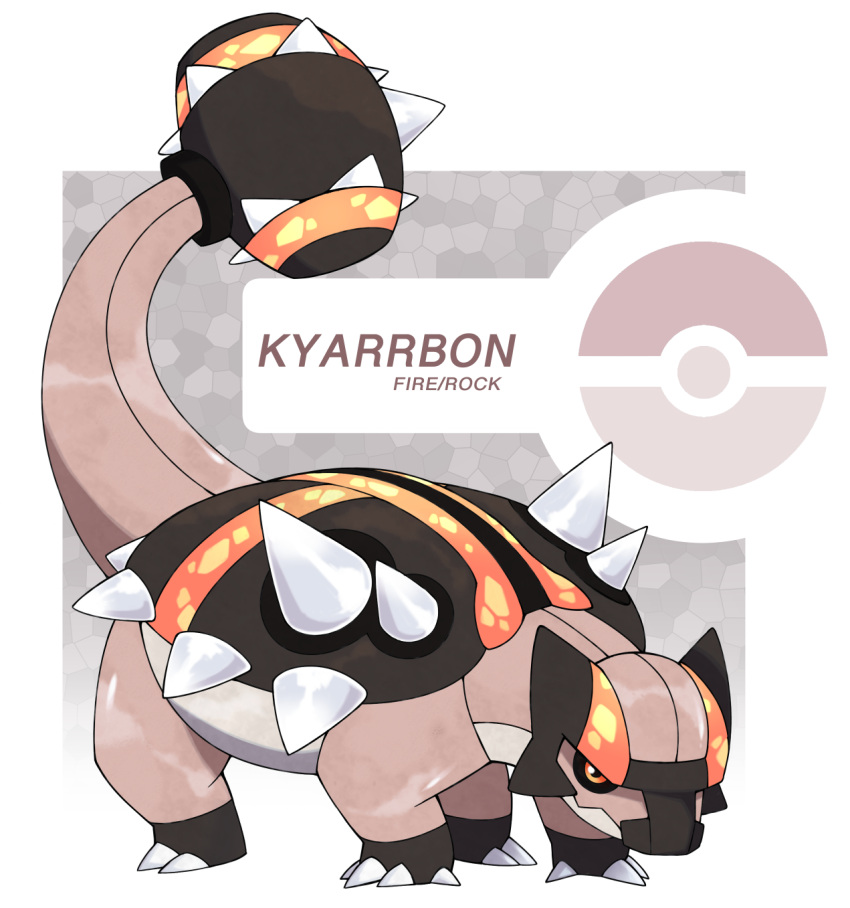 ankylosaurus, commentary, creature, dinosaur, elemental_animal, english_commentary, fakemon, fire, fossil, highres, monster, no_humans, pokemon, spikes, vergolophus