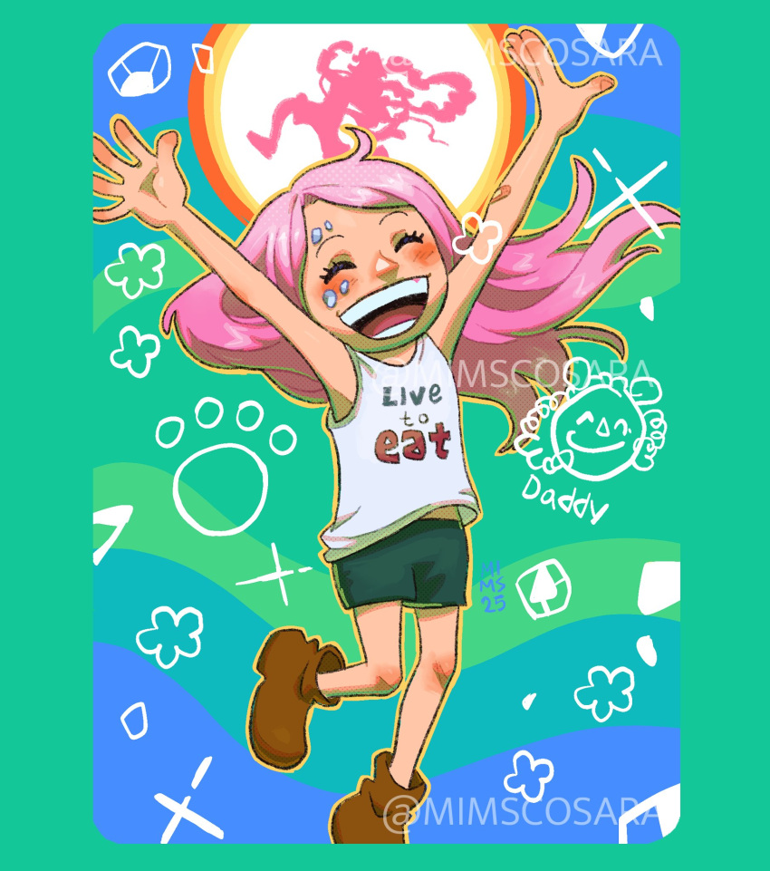 1girl, ^_^, arms_up, bandaid, bandaid_on_arm, blush, boots, border