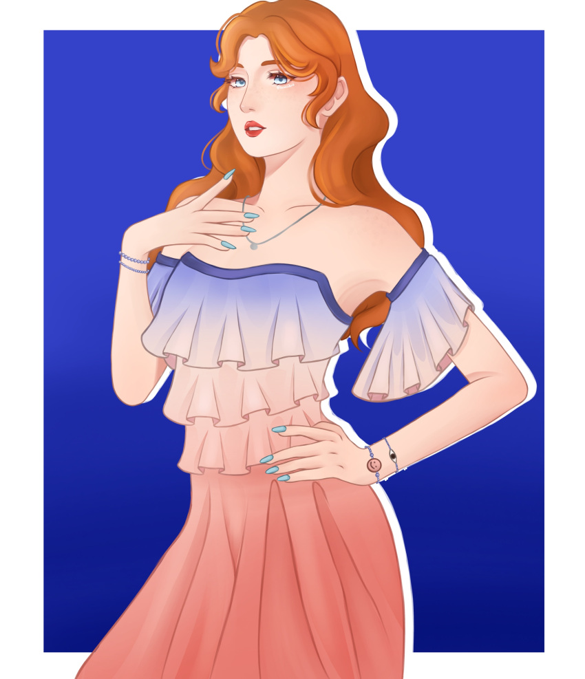 1girl, absurdres, armlet, blue_eyes, blue_nails, border, brown_hair, commentary