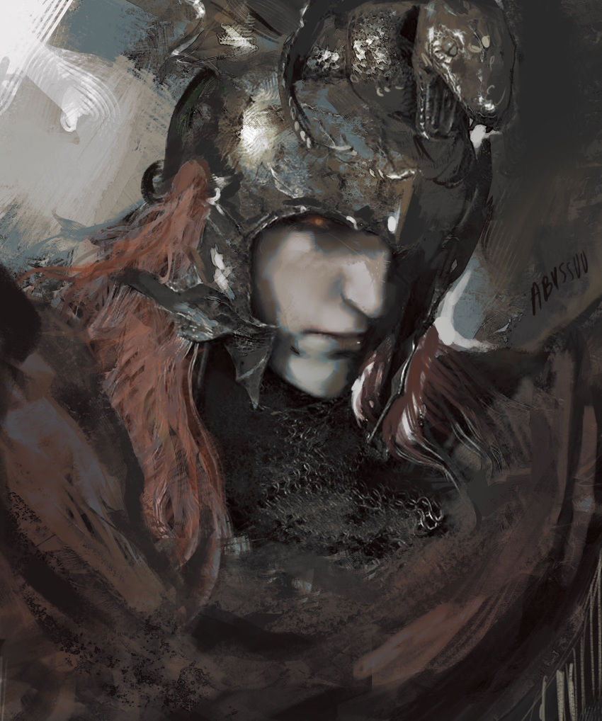 1boy, abyssmalenia, aquiline_nose, armor, chainmail, closed_mouth, commentary, elden_ring