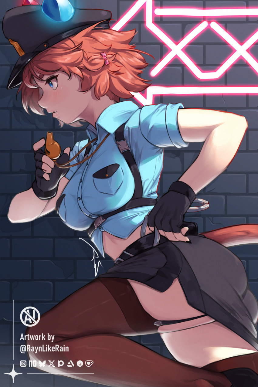 1girl, absurdres, animal_ears, ass, belt, breasts, brick_wall, brown_hair