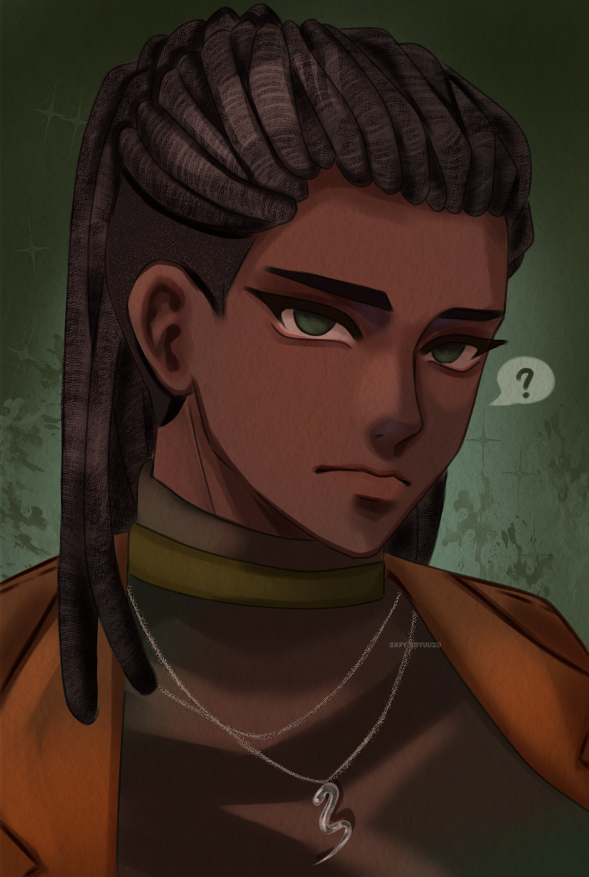1boy, ?, absurdres, aegyo_sal, black_shirt, brown_jacket, dark-skinned_male, dark_skin