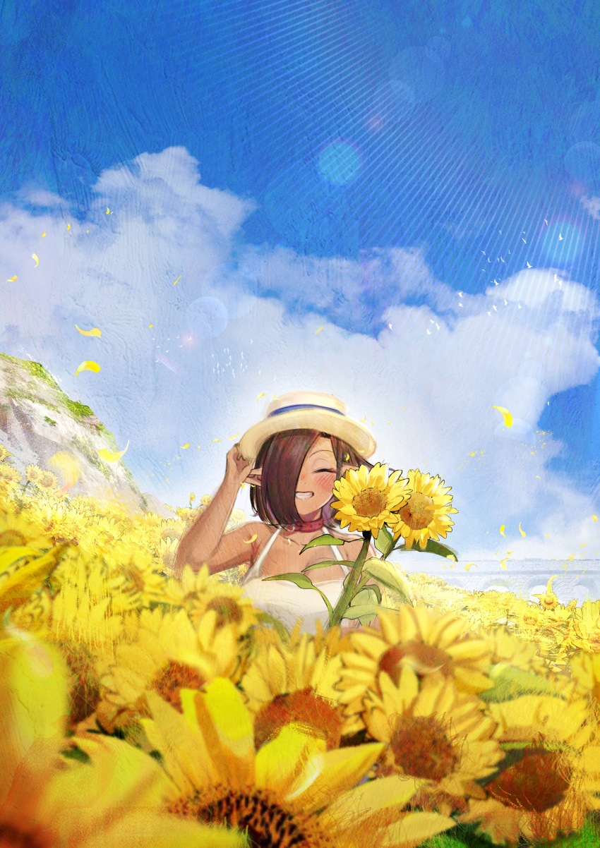 1girl, absurdres, ataririri, blue_sky, breasts, brown_hair, closed_eyes, clouds