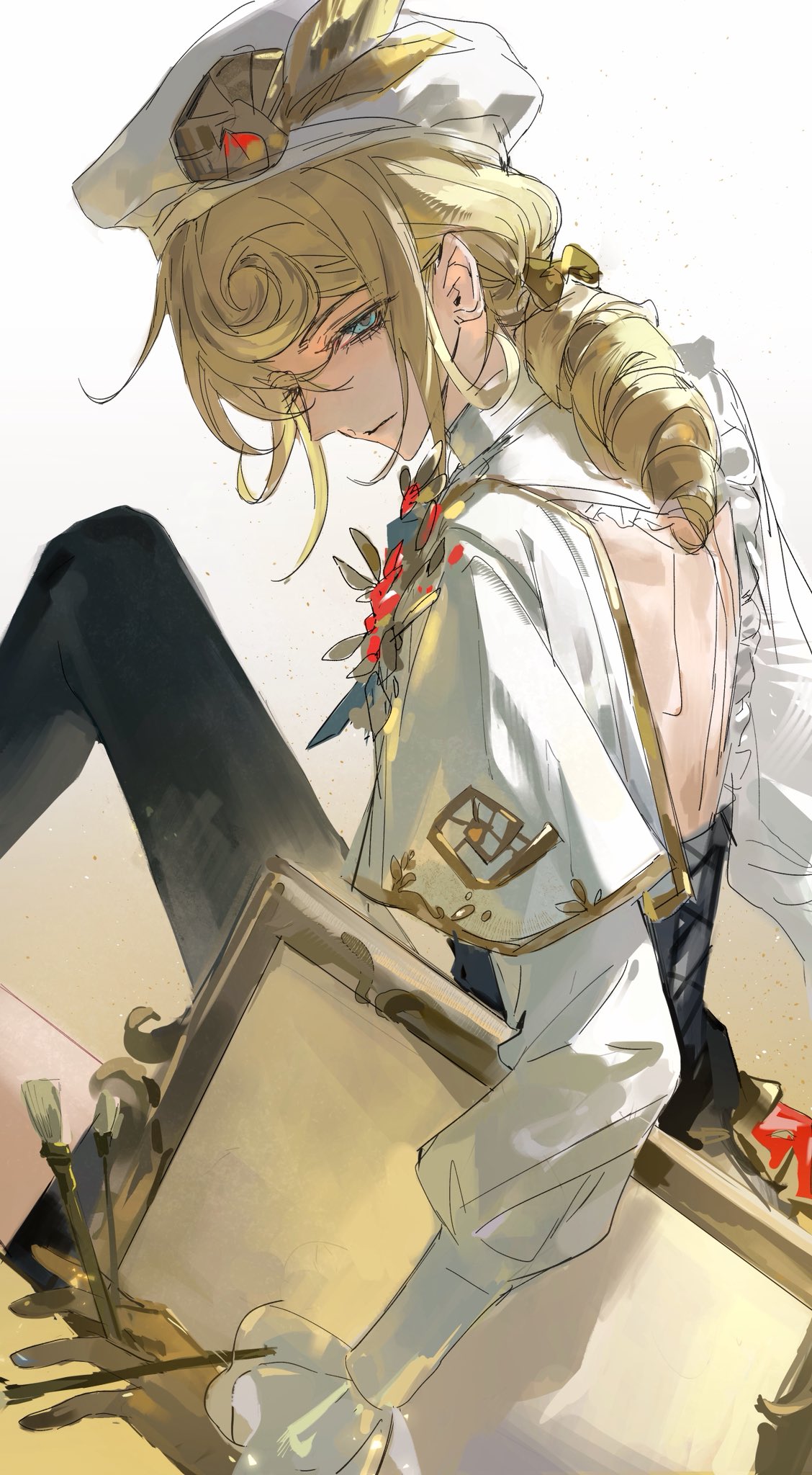 1boy, androgynous, backless_outfit, beret, black_pantyhose, blonde_hair, blue_eyes, bow