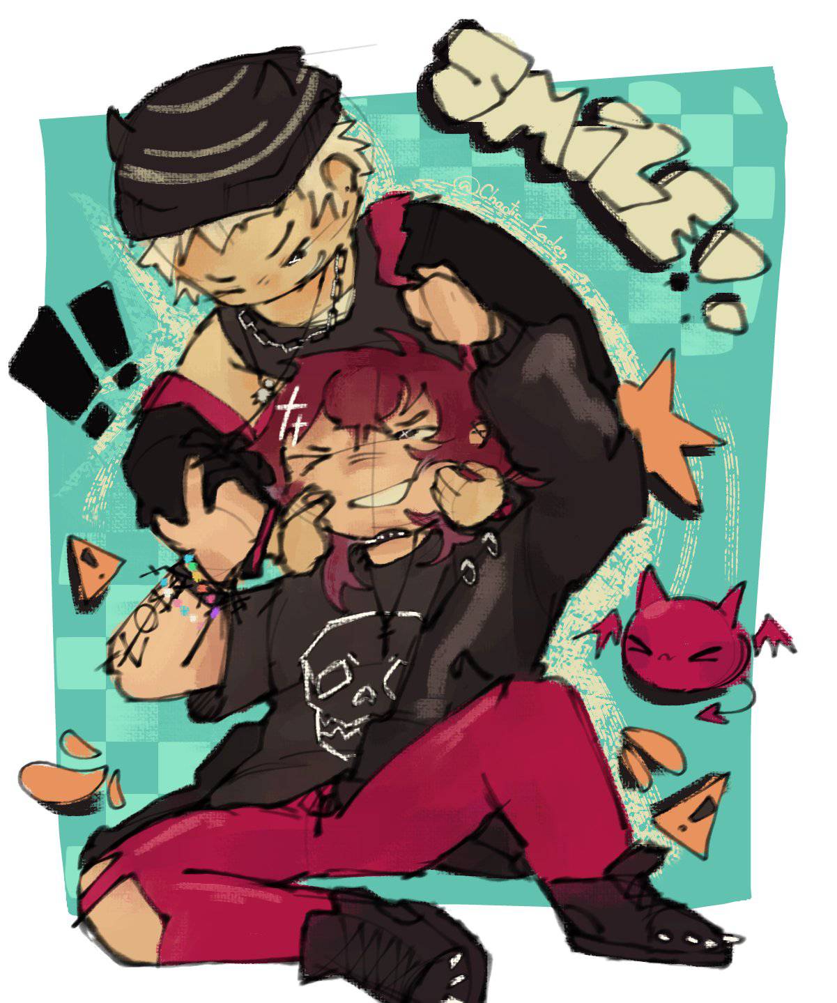 !, !!, >_o, 2boys, arm_tattoo, beanie, black_jacket, black_shirt