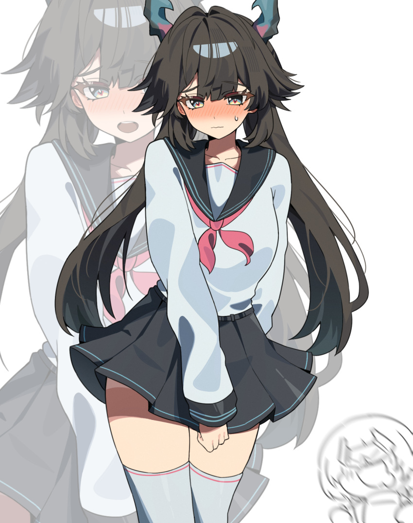 1girl, alternate_costume, arknights, arknights:_endfield, arm_behind_back, black_hair, black_sailor_collar, black_skirt, blush, blush_stickers, chen_qianyu_(arknights), closed_mouth, commentary, different_zoom_layer, embarrassed, english_commentary, eyes_visible_through_hair, green_eyes, grey_shirt, grey_thighhighs, hair_between_eyes, highres, horns, katr5878, long_hair, long_sleeves, looking_at_viewer, miniskirt, neckerchief, pink_neckerchief, pleated_skirt, sailor_collar, school_uniform, serafuku, shirt, skirt, standing, sweatdrop, thigh-highs, twintails, white_background