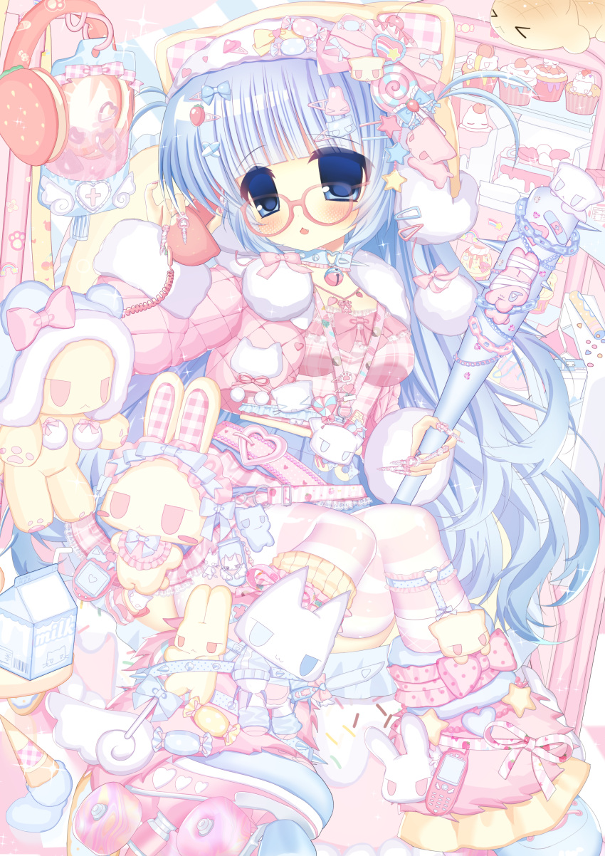 1girl, 2000s_(style), absurdly_detailed_composition, absurdres, animal_hat, baseball_bat, bell, belt