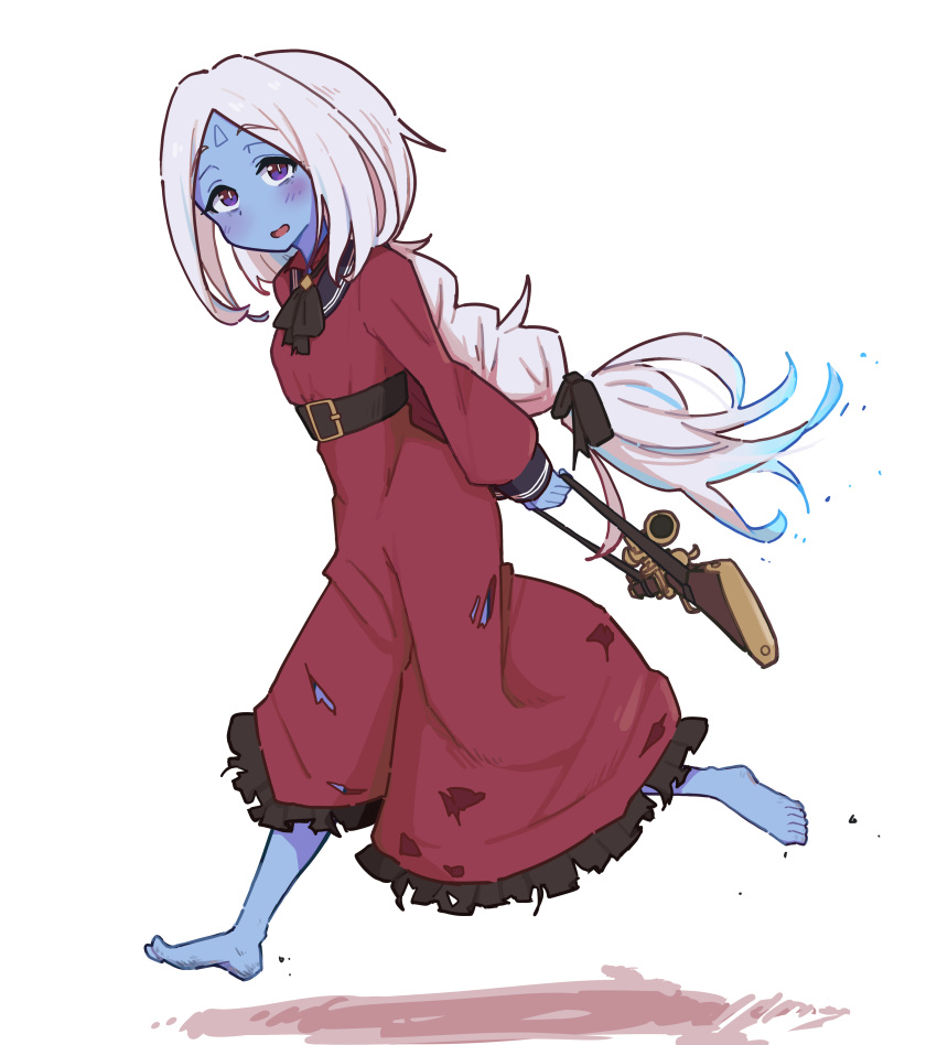 1girl, absurdres, barefoot, belt, black_sailor_collar, blue_skin, colored_skin, commentary