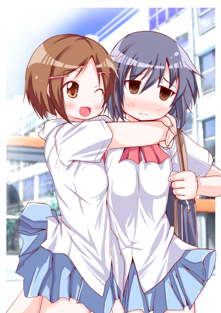 3:, ;d, arm_around_neck, black_hair, blush, brown_eyes, brown_hair, empty_eyes, hair_ornament, hairclip, hug, mad_(hazukiken), morakushi_miki, morita-san_wa_mukuchi, morita_mayu, multiple_girls, murakoshi_miki, open_mouth, school_uniform, short_hair, smile, wink