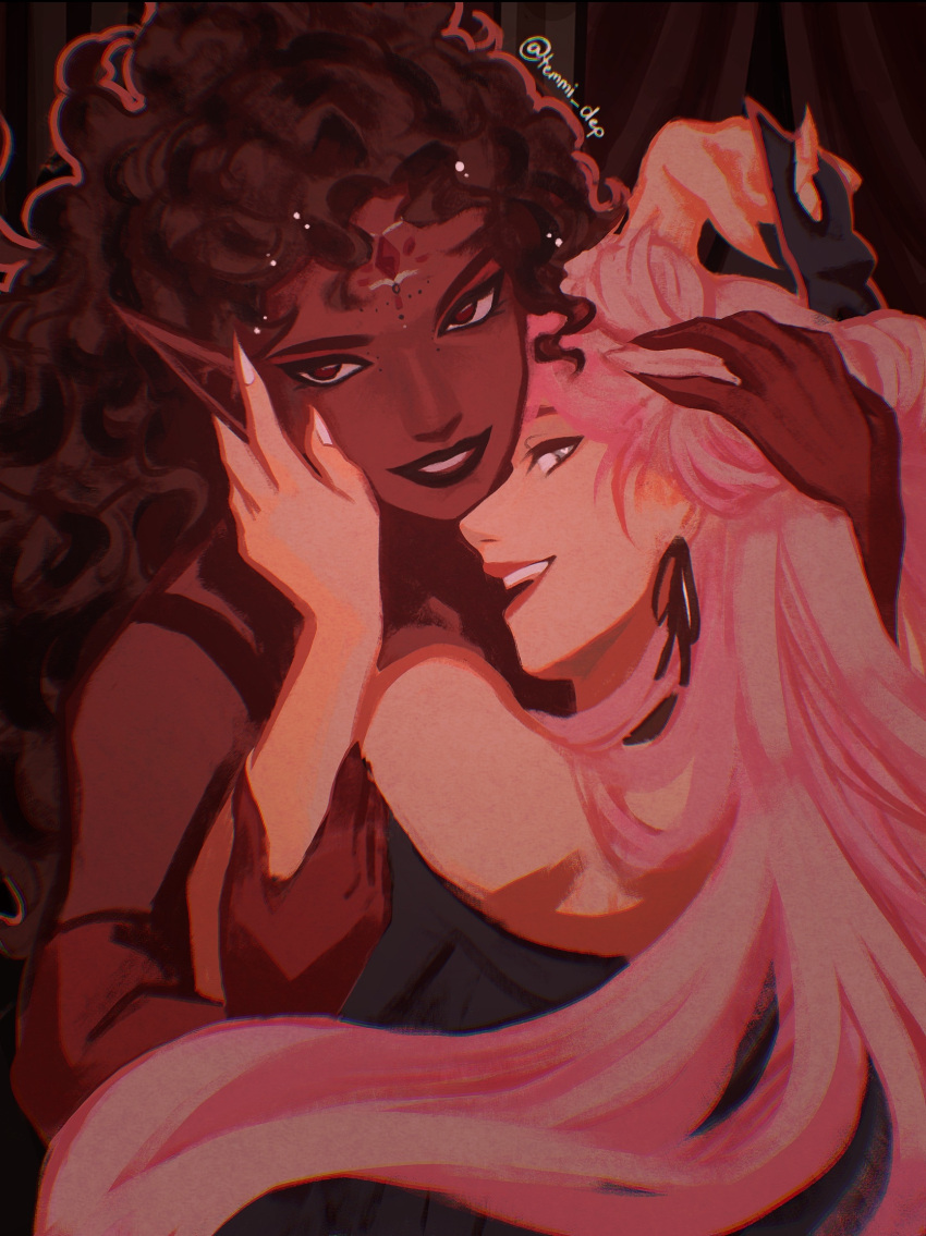 2girls, :d, angel_(killer_chat), bloodlust.exe, brown_hair, creator_connection, curly_hair, dark-skinned_female, dark_skin, double_bun, facial_mark, forehead_mark, grin, hair_bun, hand_on_another's_arm, hand_on_another's_face, hand_on_another's_head, highres, hug, killer_chat!, long_hair, looking_at_viewer, multiple_girls, pink_hair, pointy_ears, red_eyes, smile, sofia_(bloodlust.exe), temimi, twintails, upper_body