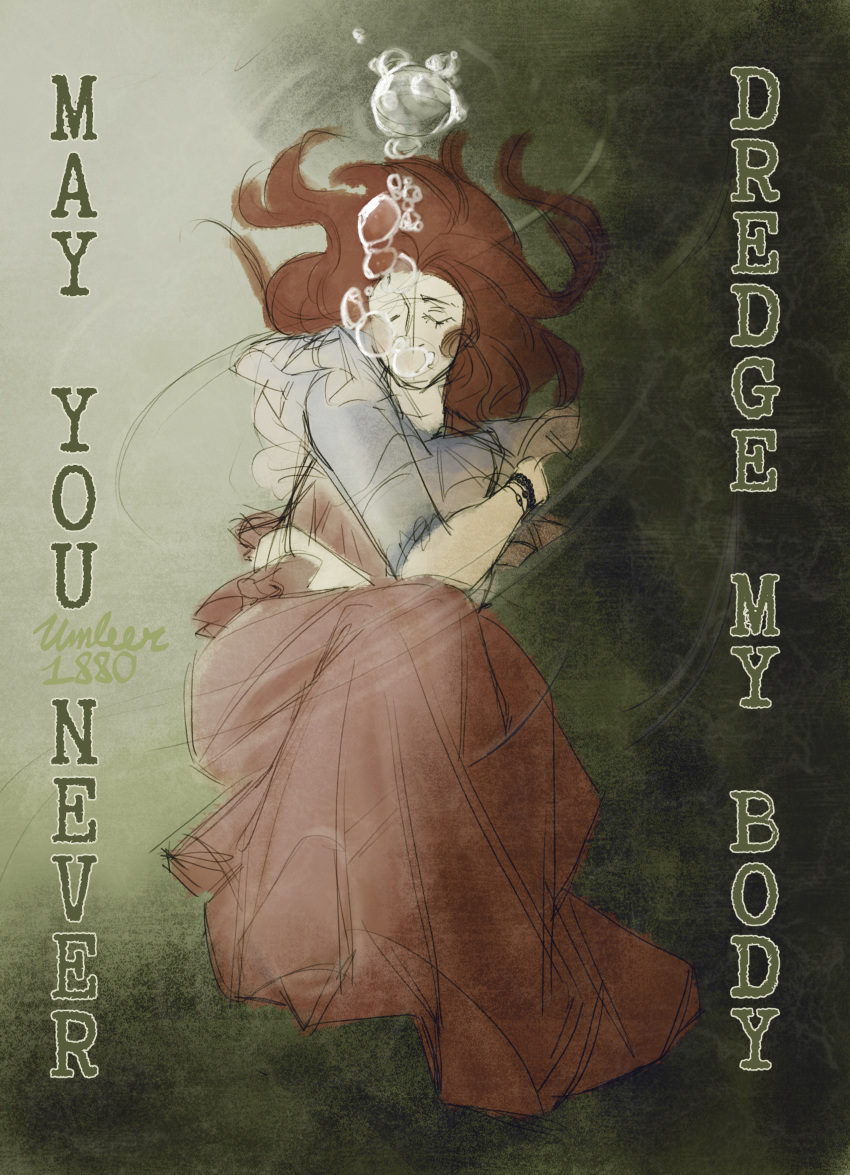 1girl, absurdres, air_bubble, asphyxiation, bracelet, brown_hair, bubble, closed_eyes