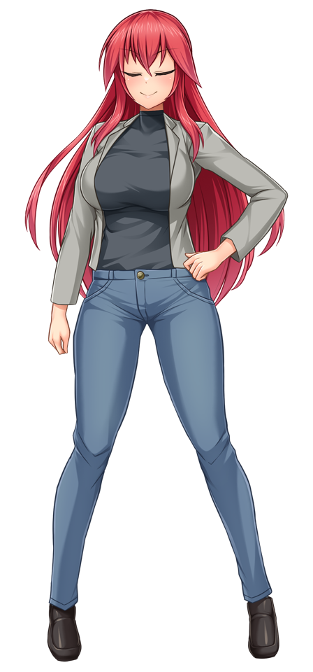1girl, arm_at_side, black_shirt, blue_pants, blush, breasts, casual, closed_eyes, closed_mouth, denim, facing_viewer, full_body, game_cg, grey_jacket, hair_between_eyes, hand_on_own_hip, ikameshi_(nega96396), jacket, jeans, large_breasts, large_variant_set, legs_apart, long_hair, long_sleeves, metis_(seisenki_iris), non-web_source, official_art, open_clothes, open_jacket, pants, red_hair, seisenki_iris, self-datamine, shirt, shoes, smile, solo, standing, tachi-e, transparent_background, turtleneck, variant_set