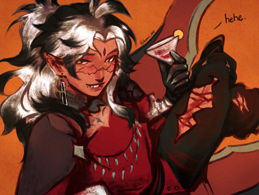 1boy, bandaged_arm, bandages, black_gloves, black_hair, black_pants, bloodlust.exe, cup, drinking_glass, facial_mark, fangs, forehead_mark, gloves, grin, highres, holding, holding_cup, looking_at_viewer, looking_back, male_focus, multicolored_hair, nikolas_(bloodlust.exe), pants, pink-tinted_eyewear, pointy_ears, red_shirt, shirt, smile, solo, temimi, tinted_eyewear, torn_clothes, torn_pants, two-tone_hair, white_hair, wine_glass, yellow_eyes