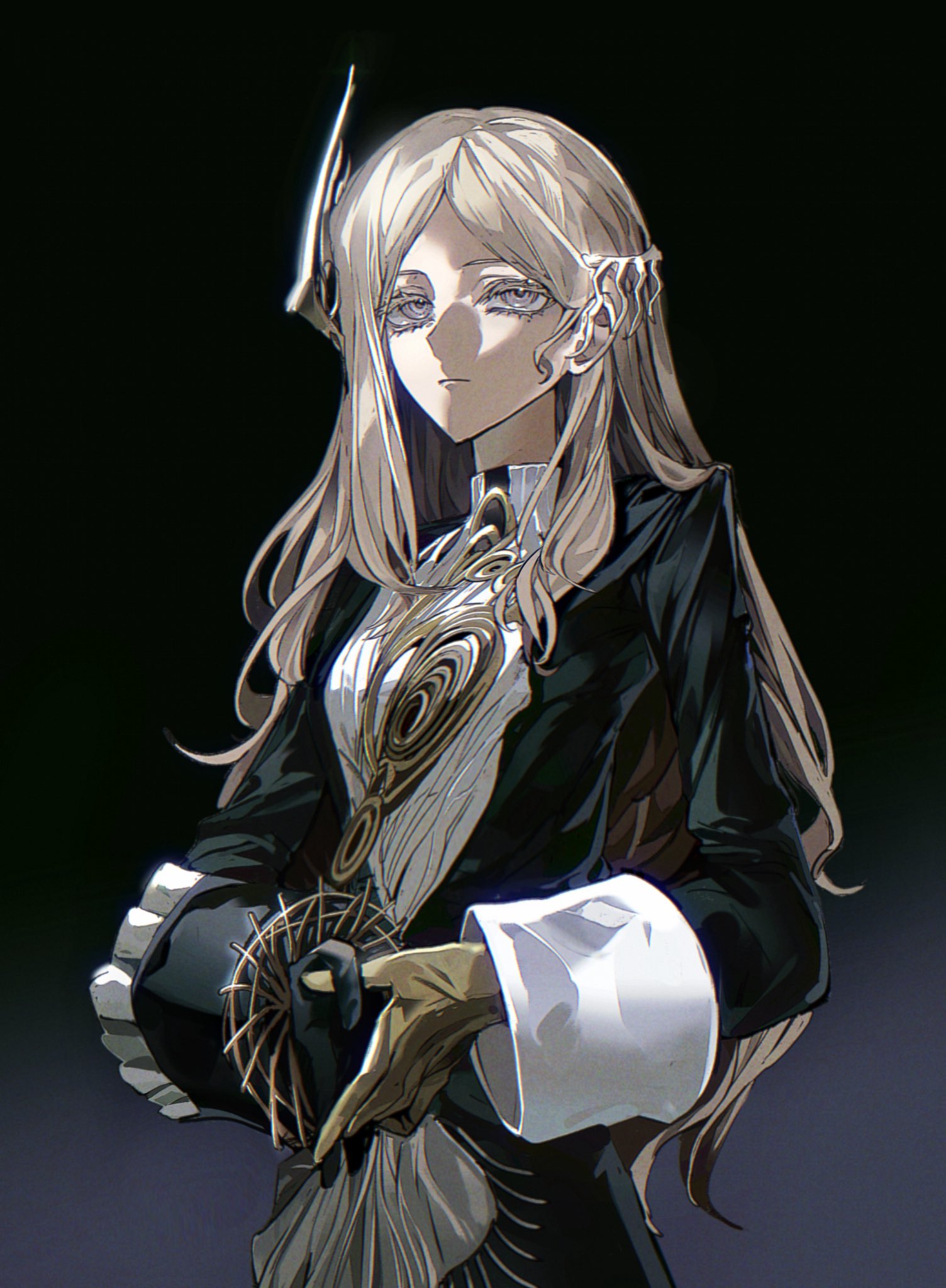 1girl, asymmetrical_gloves, black_background, black_dress, black_gloves, blonde_hair, closed_mouth, commentary_request