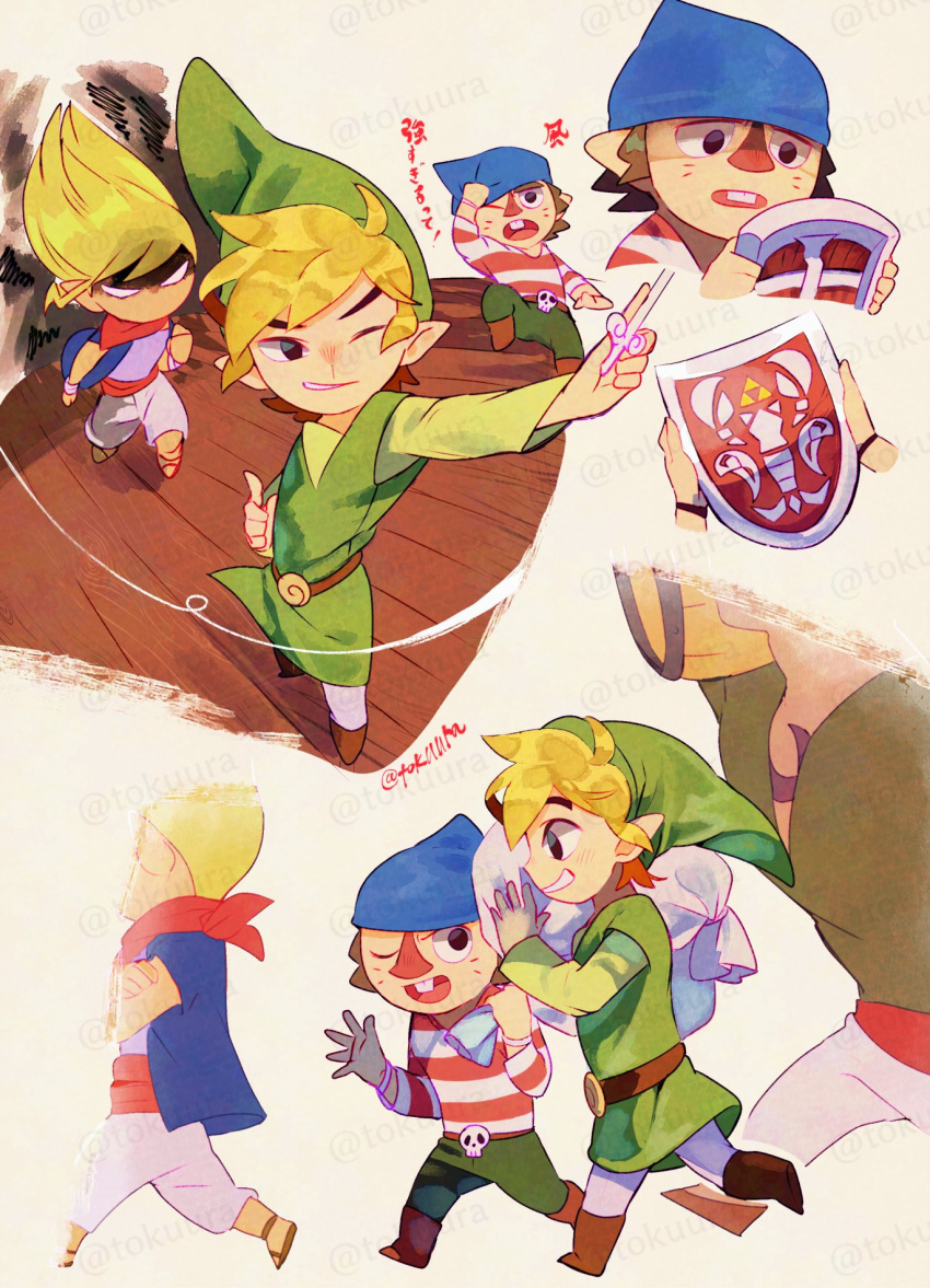 1girl, 3boys, ;d, adversarial_noise, bandana, bandana_around_neck, belt, blonde_hair